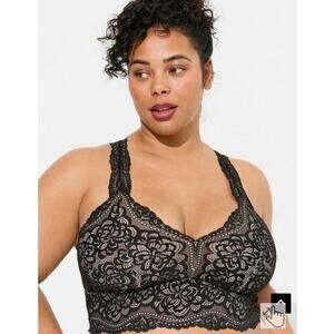 Torrid Curve Unlined Lace Solid Racerback Bralette in Black Nude, 3x